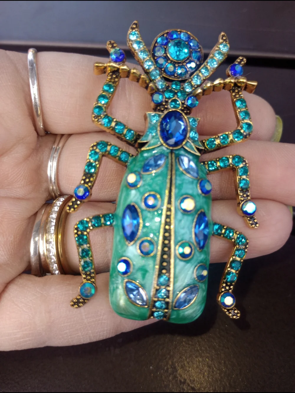 Teal And Blue Crystal Scarab Brooch